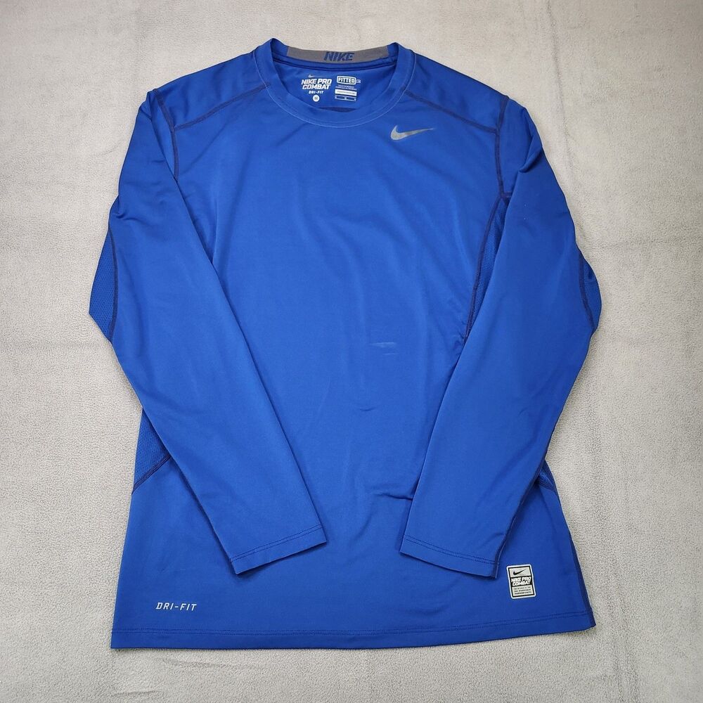 Nike Pro Combat Shirt Mens M Blue‎ Long Sleeve Fitted Dri-Fit Performance Vented